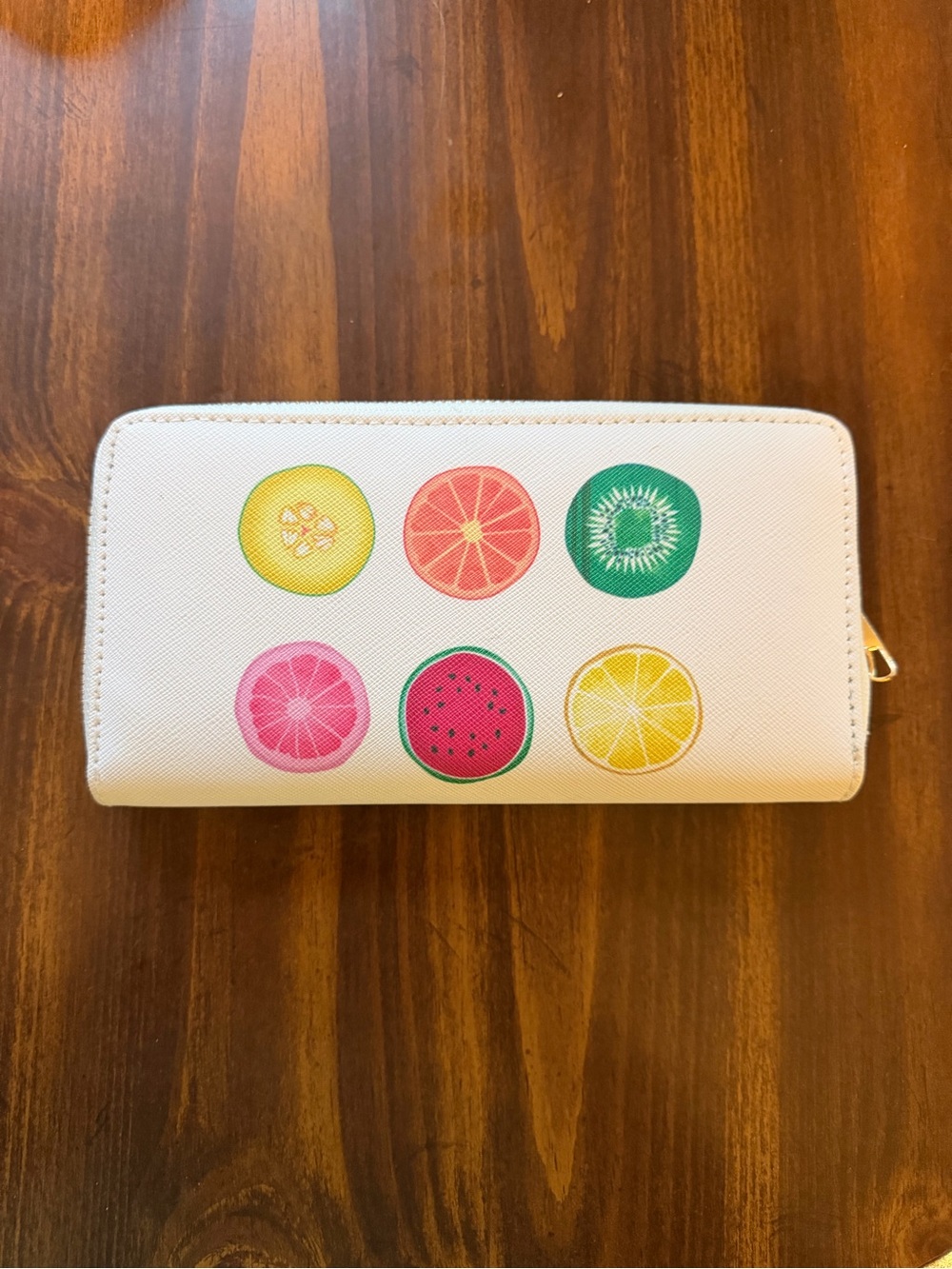 White Zip-Around Wallet with Colorful Fruit Motif